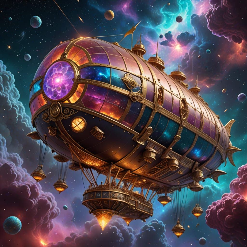 Airship Navigating Nebula in Detailed 3D Shading