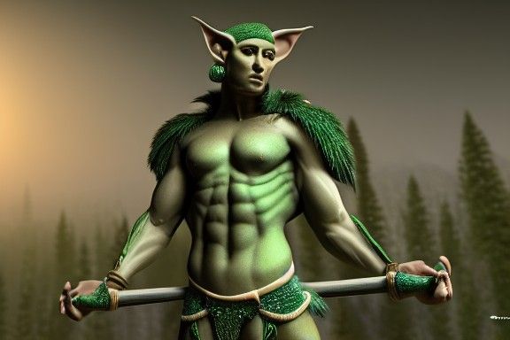 Muscular Green Elf Warrior in Fantasycore Style