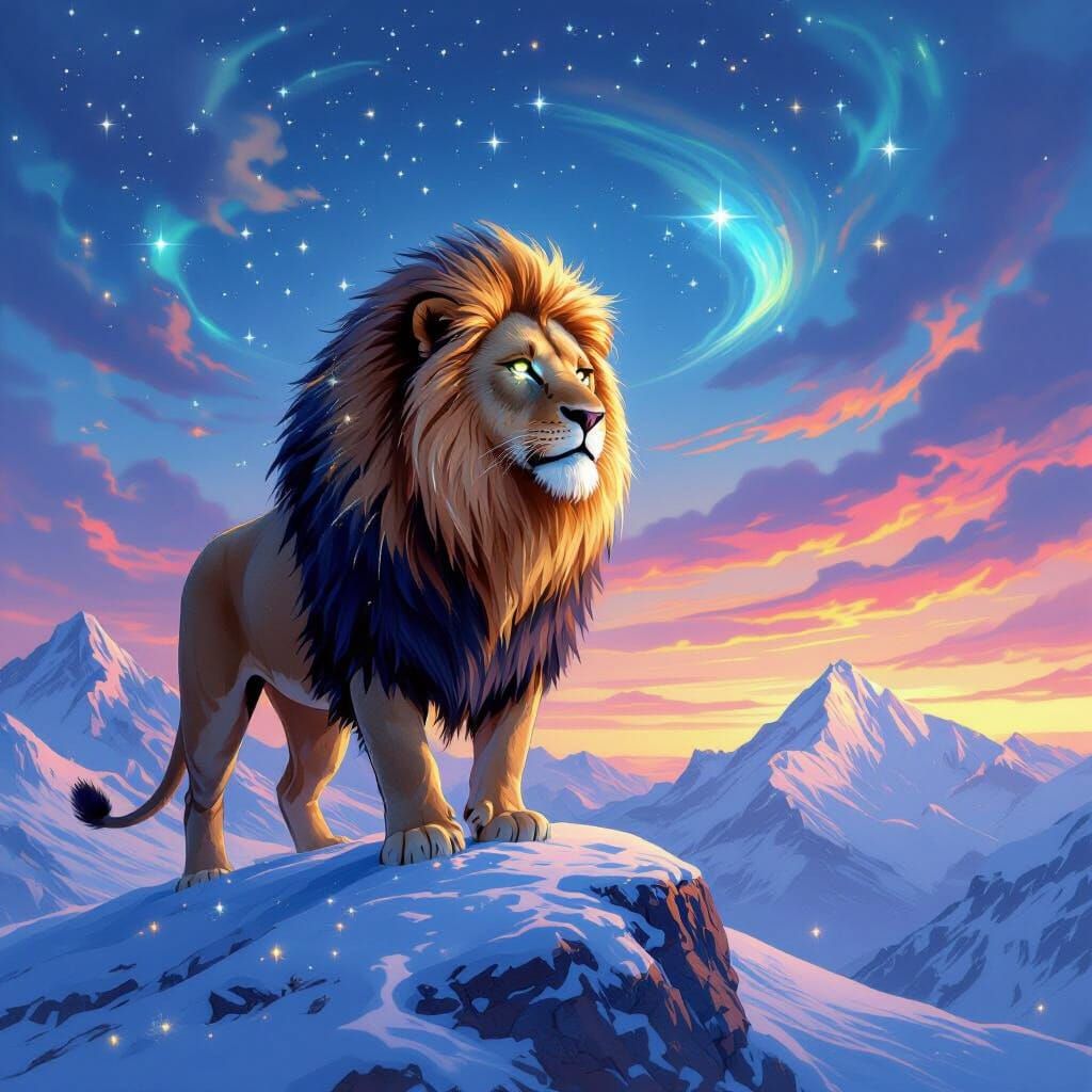 Lion with Starlight Mane on Mountain, Digital Art
