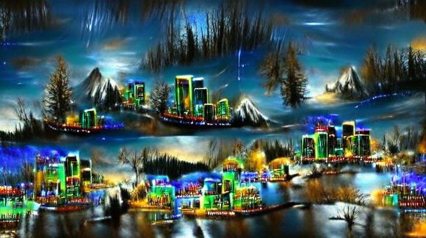 Futuristic Cityscape Amidst Mountain Peaks