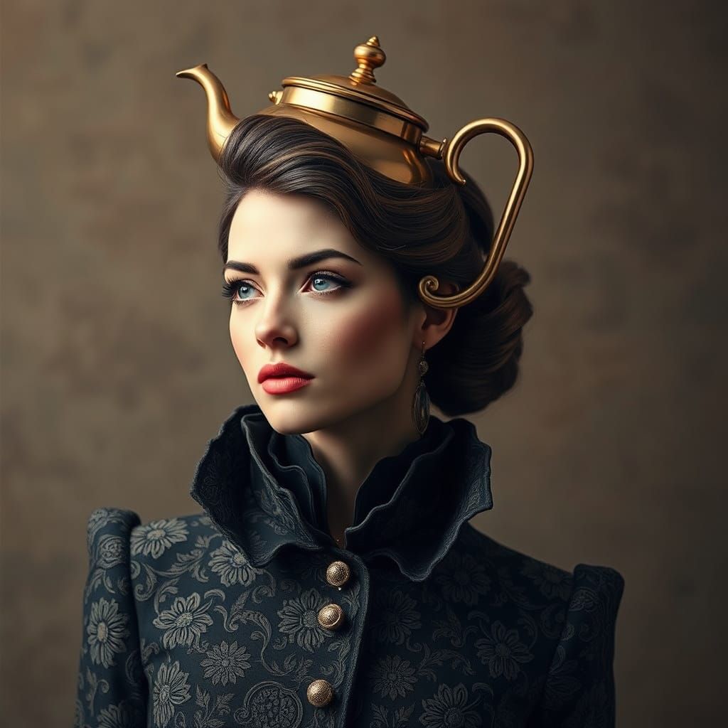 Woman in Futuristic, High-Fashion Ensemble with Copper Kettl...