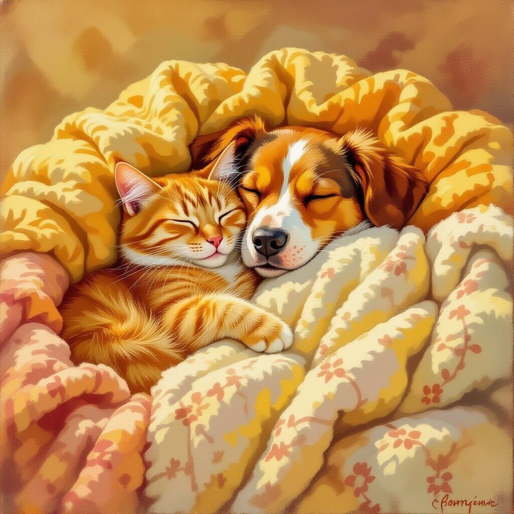 Cozy Cat and Dog Sleeping Together as Oil Painting