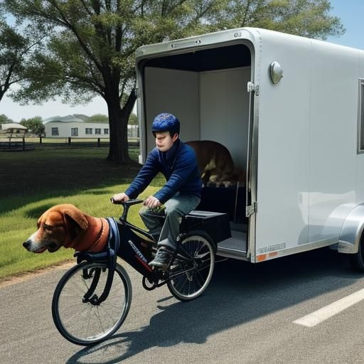 Boy Rides Bike With Dog in Trailer