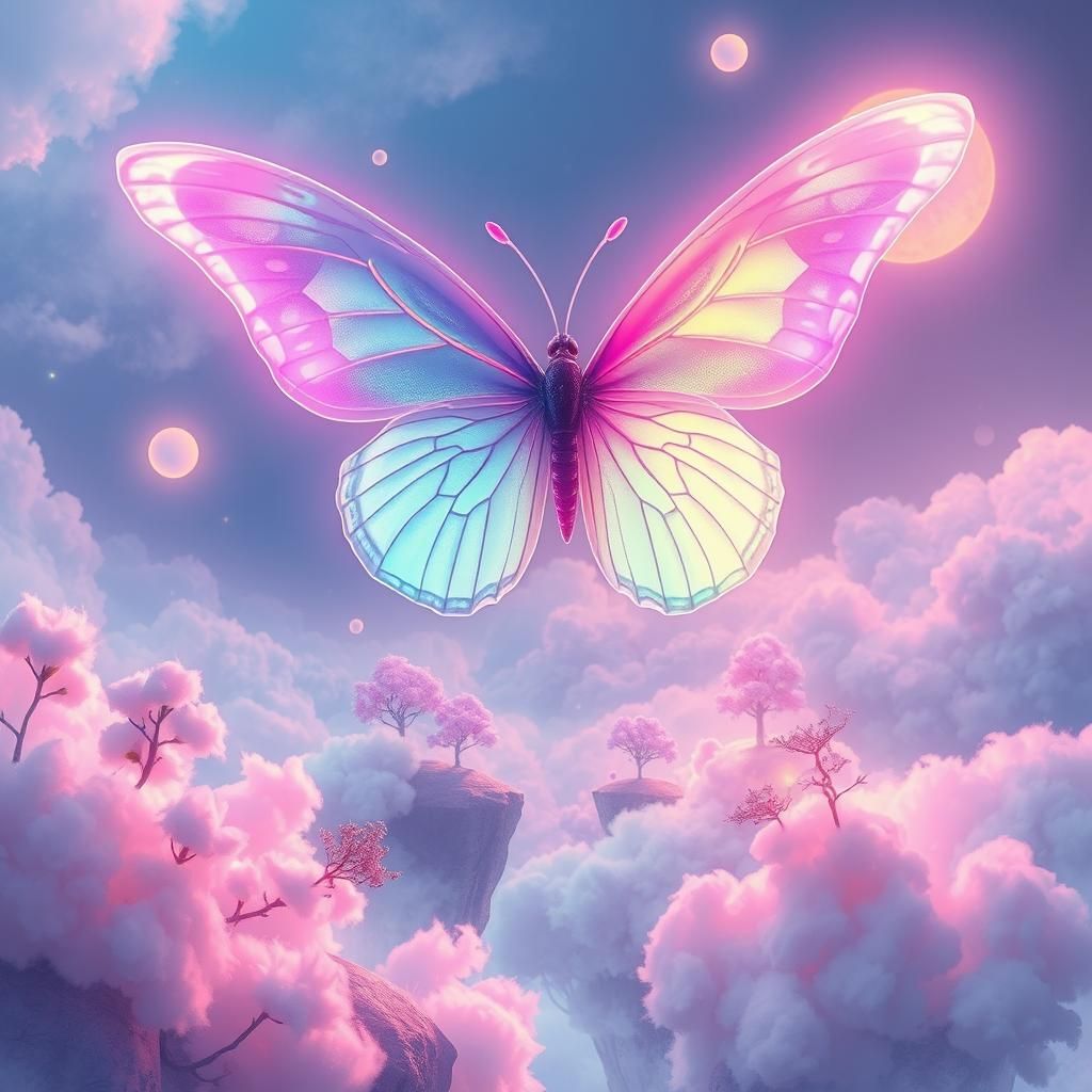 Iridescent Butterfly over Dreamy Cyberpunk Landscape
