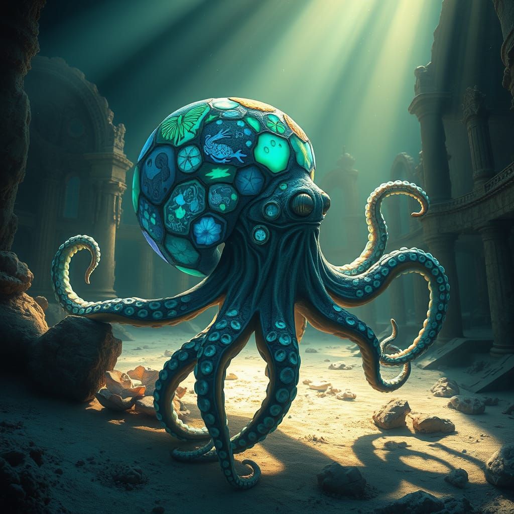 Bioluminescent Octopus Exploring Sunken City Ruins