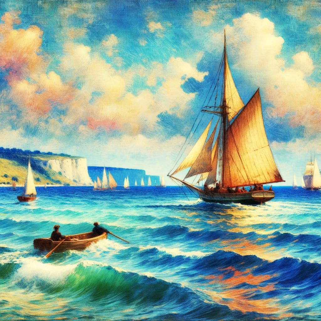 Sailboat in Serene Water, Oil Painting Style
