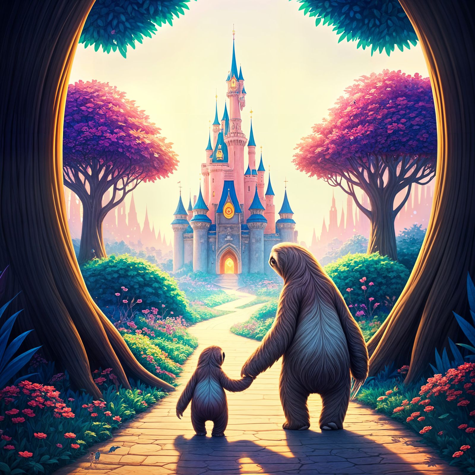 Sloths on a Glowing Path: Cosmic Digital Illustration