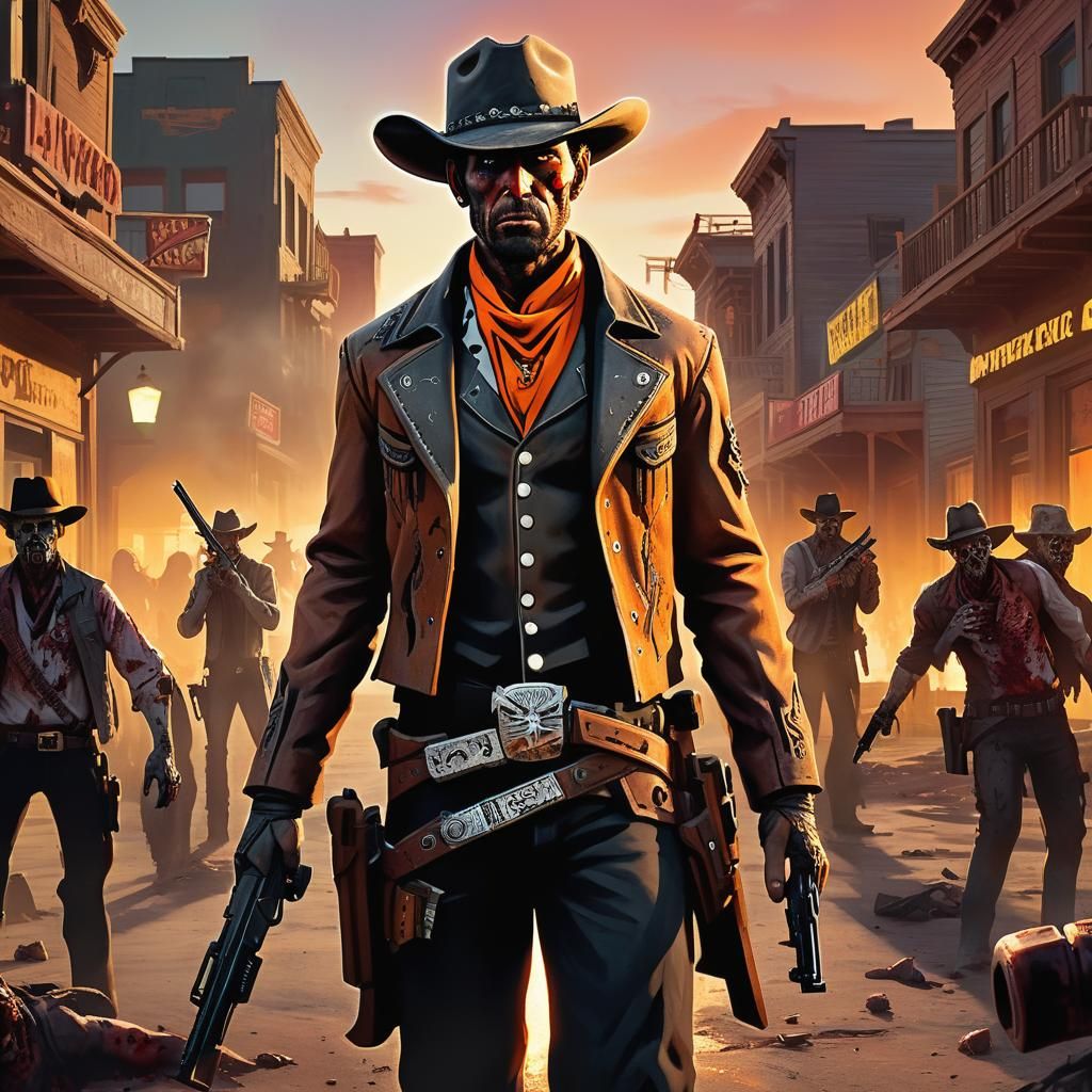 Cowboy Guns Drawn in Zombie Ghost Town: Hyperrealistic Art