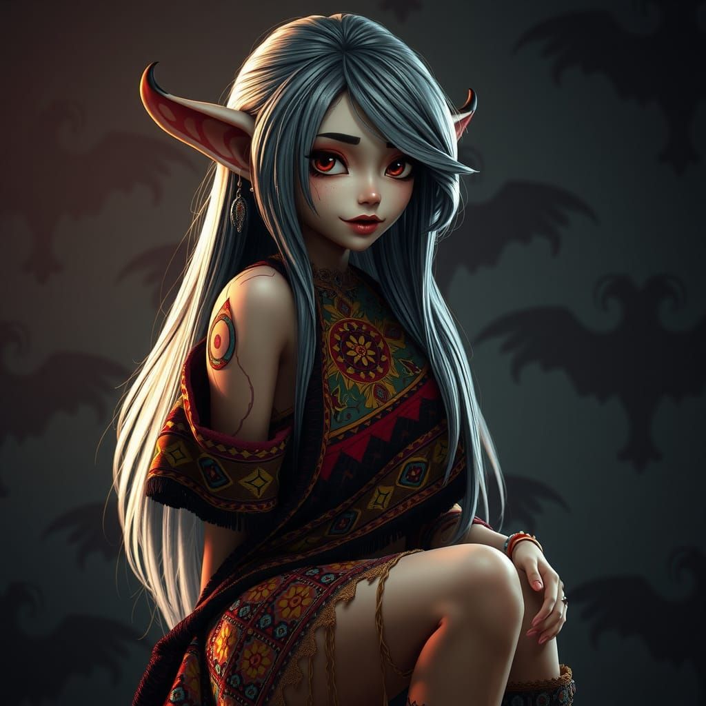 Mystic Elf Shaman Witch in Festive Poncho