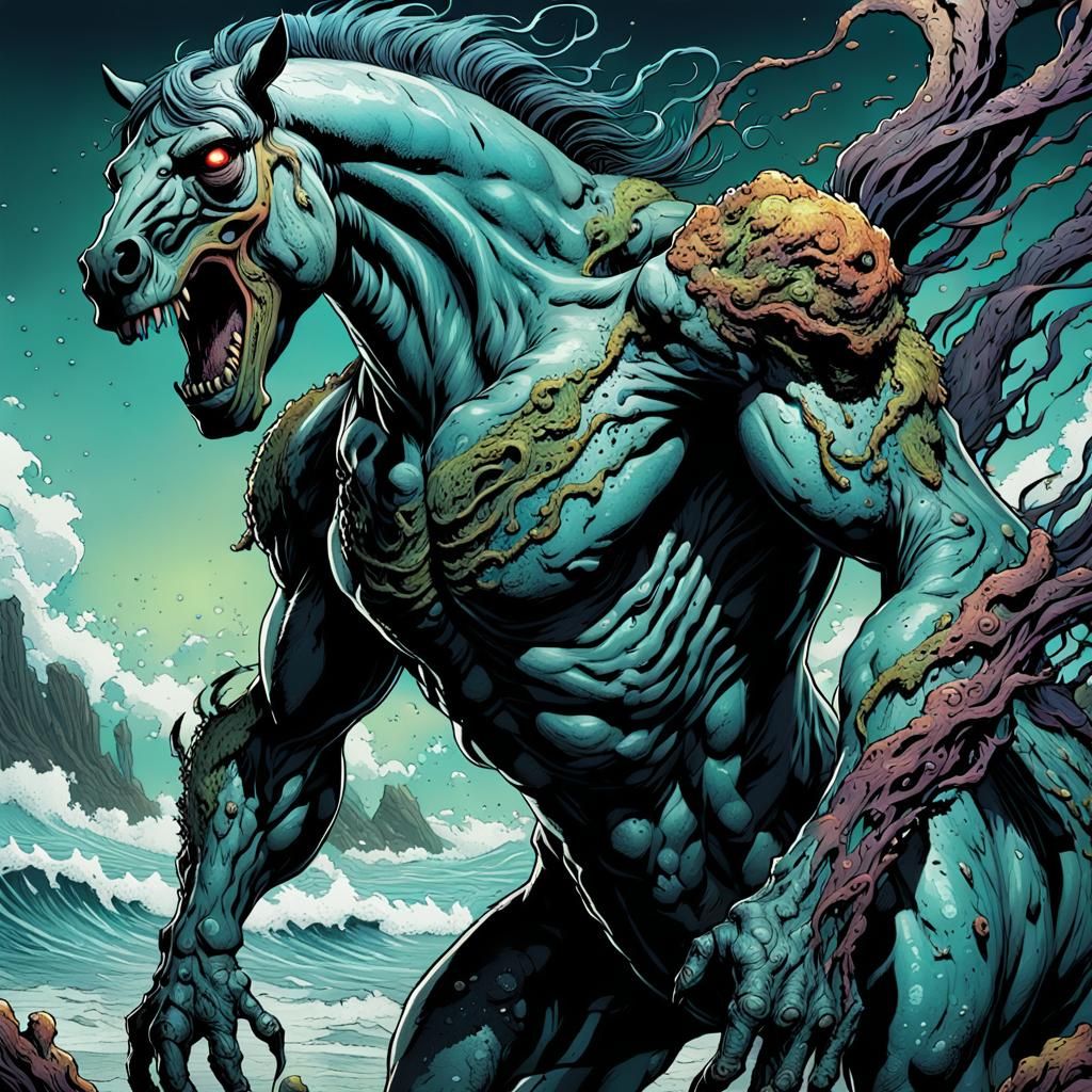 Grotesque Sea God in Comic Book Style
