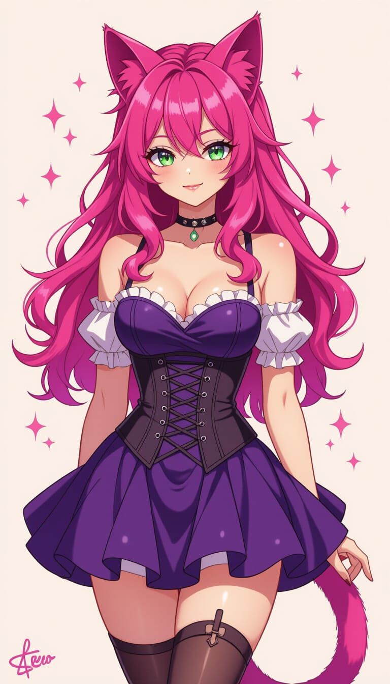 Playful Cat Woman with Pink Hair and Purple Skirt