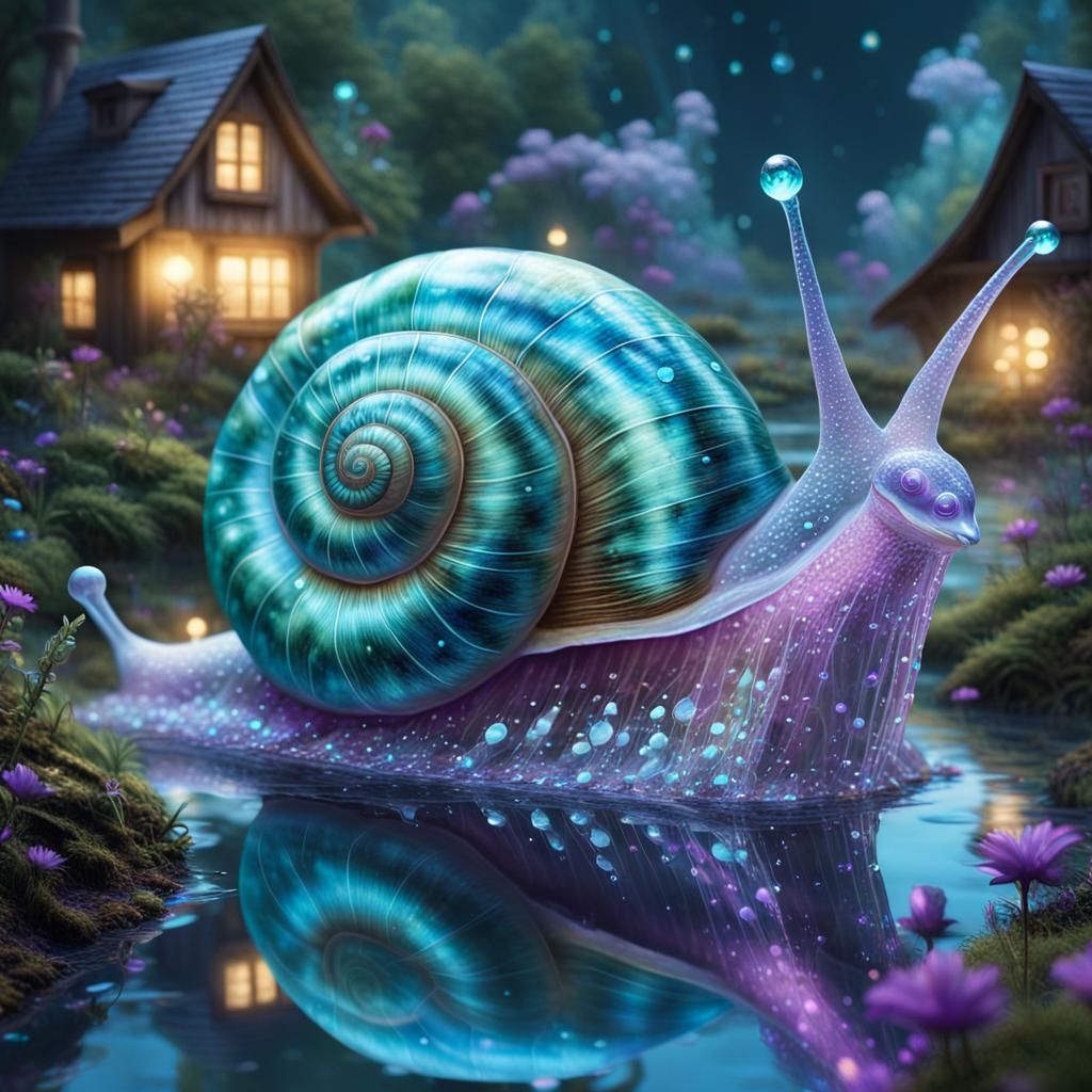 Iridescent Snail Creates Crystal Lake in Fairy Village