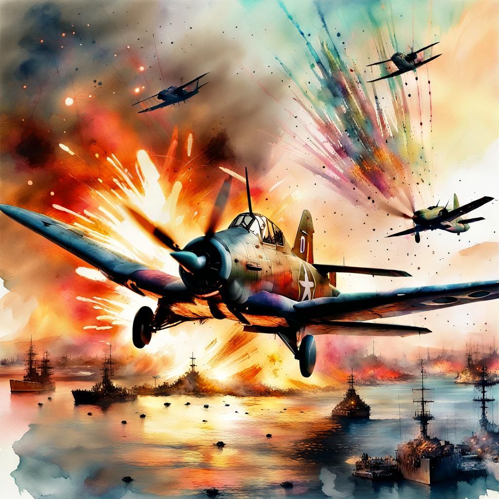 WWII Plane in Flames: Digital Watercolor Art