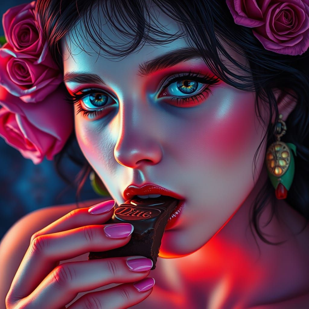 Beautiful Woman Indulges in Chocolate, Surrounded by Vibrant...