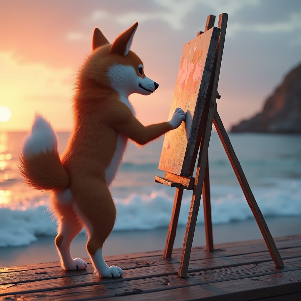 Anthropomorphic Shiba Inu Painting on Boardwalk