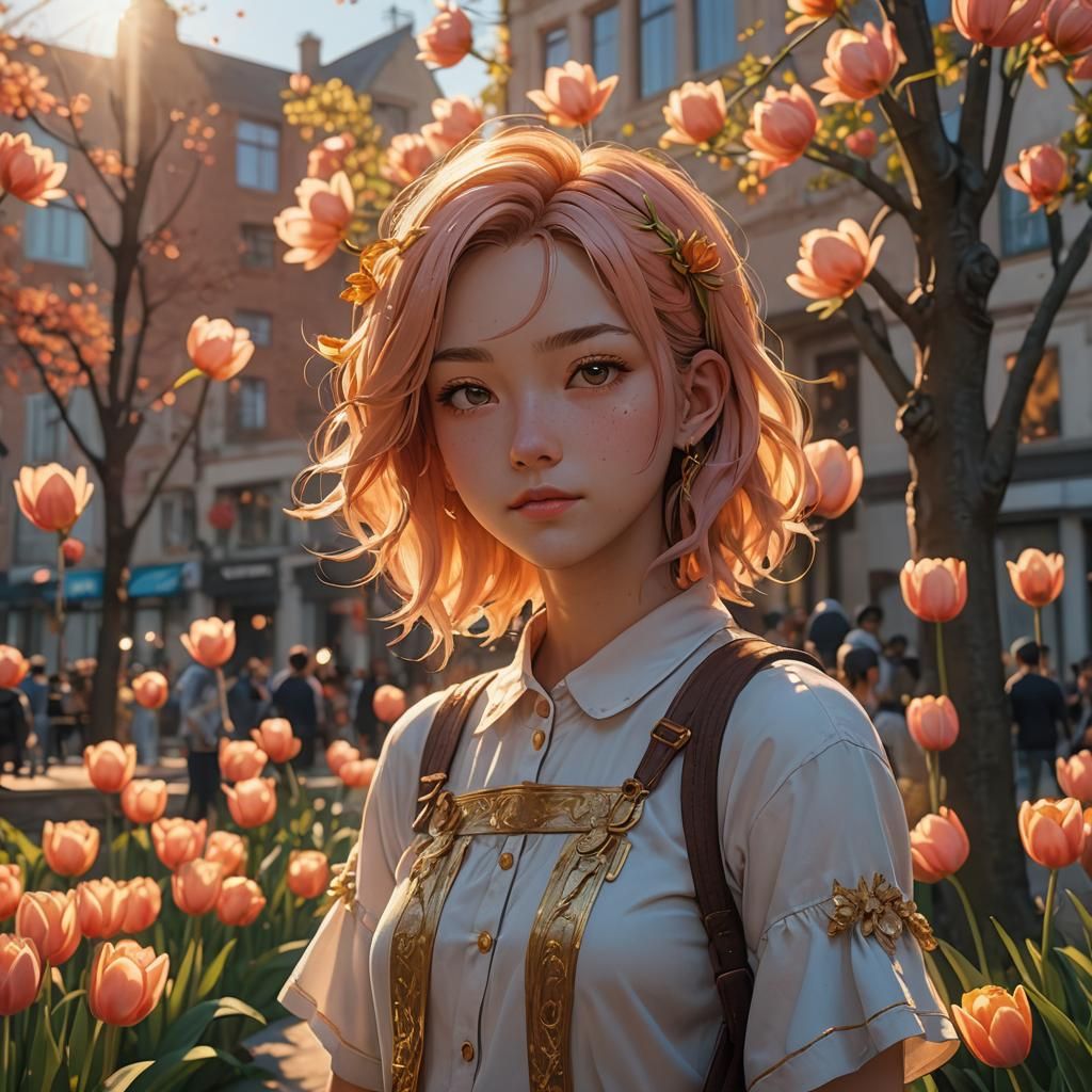 Girl with Tulip Hair in Anime Style