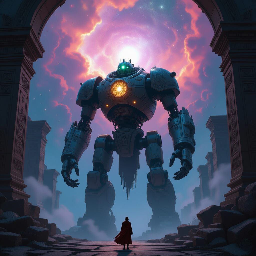 Ancient Automaton Guarding Nebula Temple in Fantasy Style