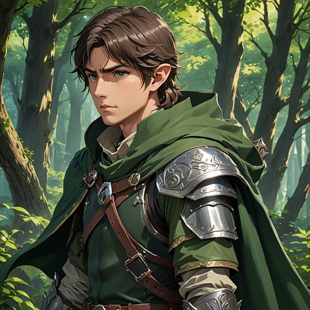 Half-Elf Ranger in Anime Style, Green Cloak