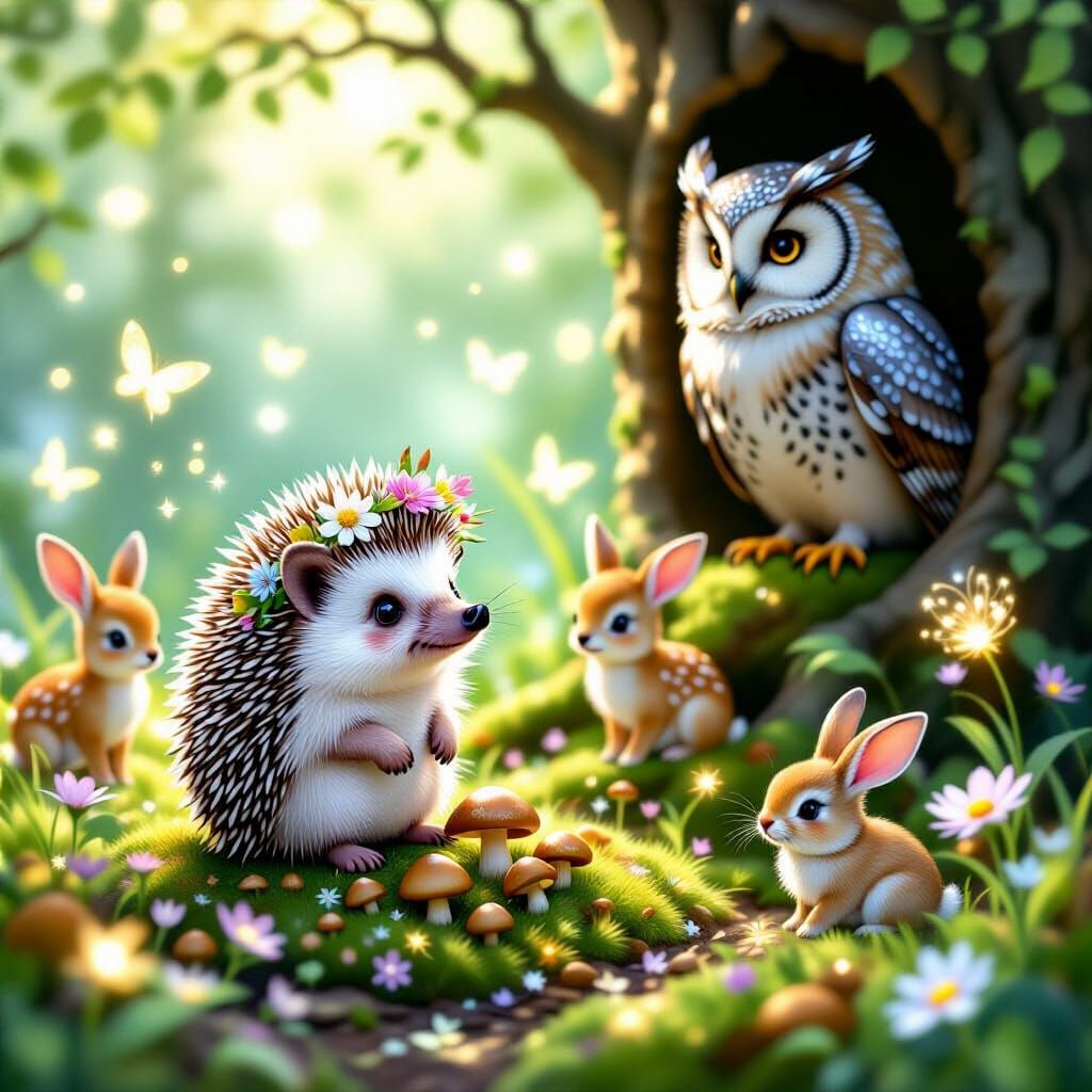 Whimsical Forest Scene with Hedgehog and Owl