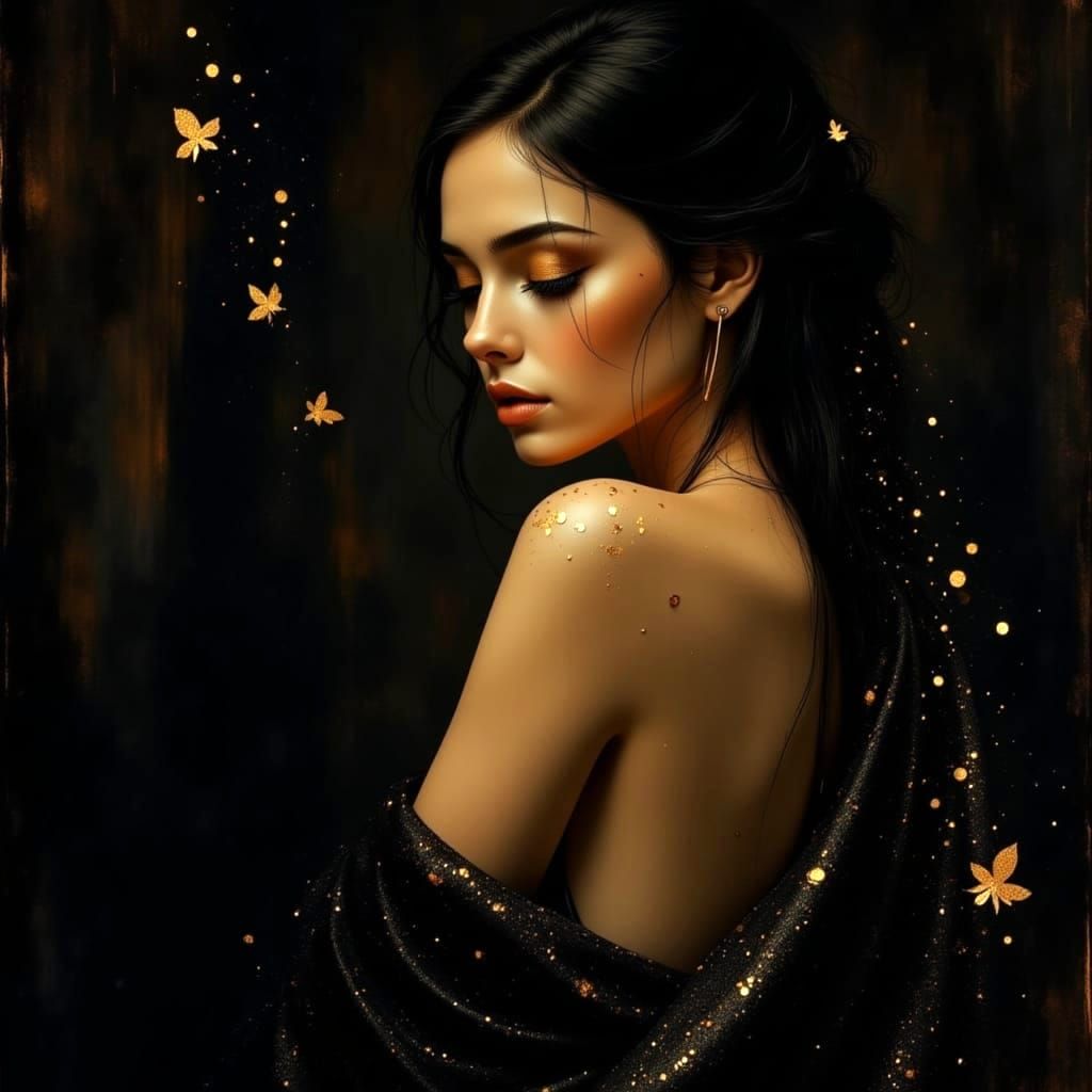 Elegant Woman in Black with Golden Dragon