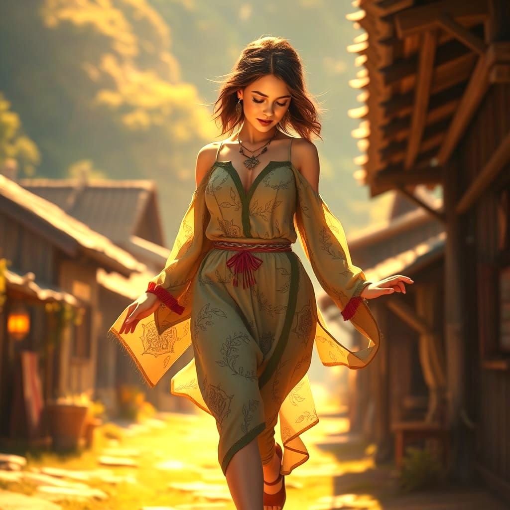 Stunning Solarpunk Woman in Elegant Village Attire