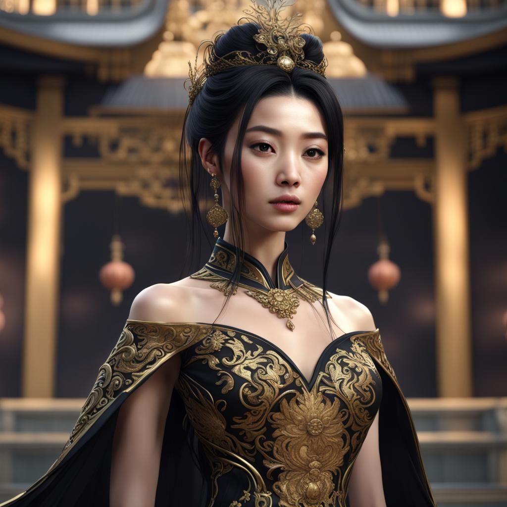 Chinese Woman in Black and Gold Gown