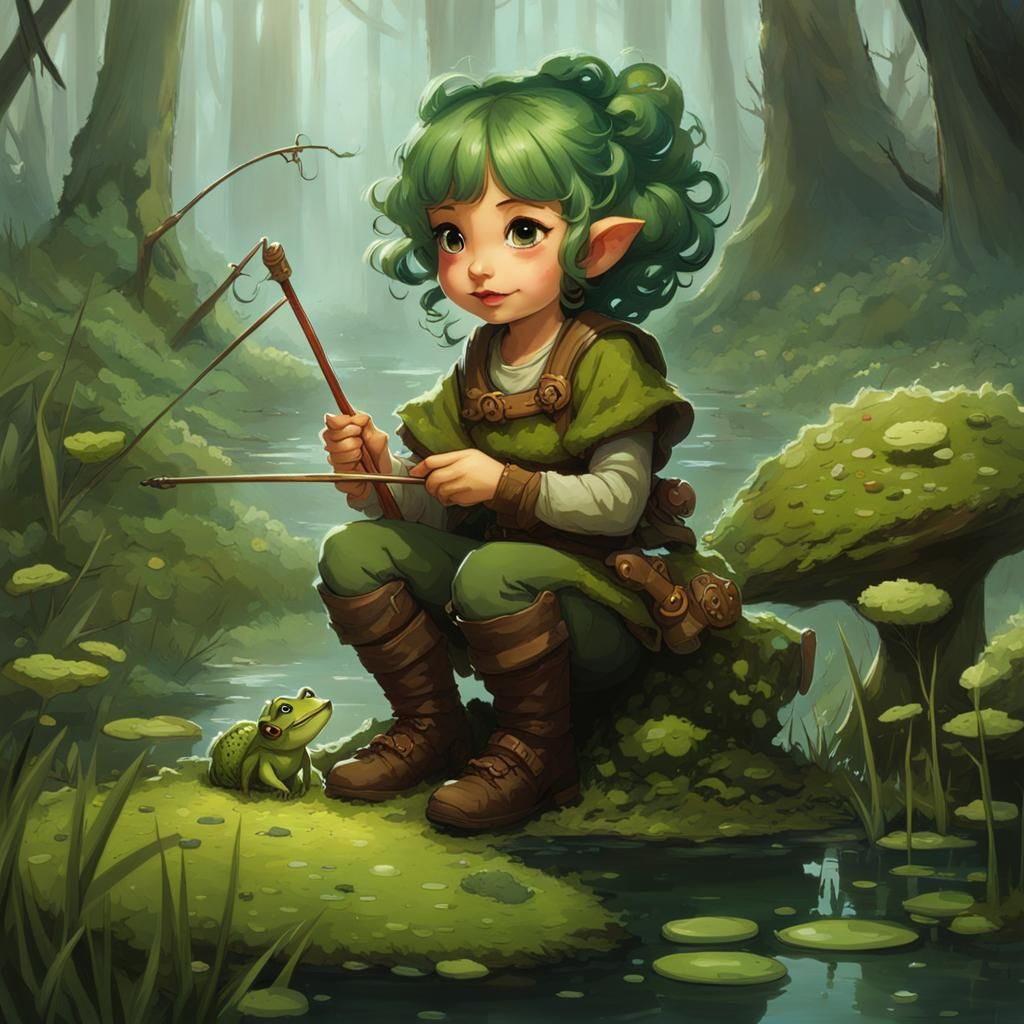 Halfling Knitter Follows Magic Toad in Swamp