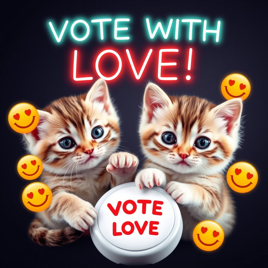 Vote with Love: Kittens Pressing Button with Neon Text