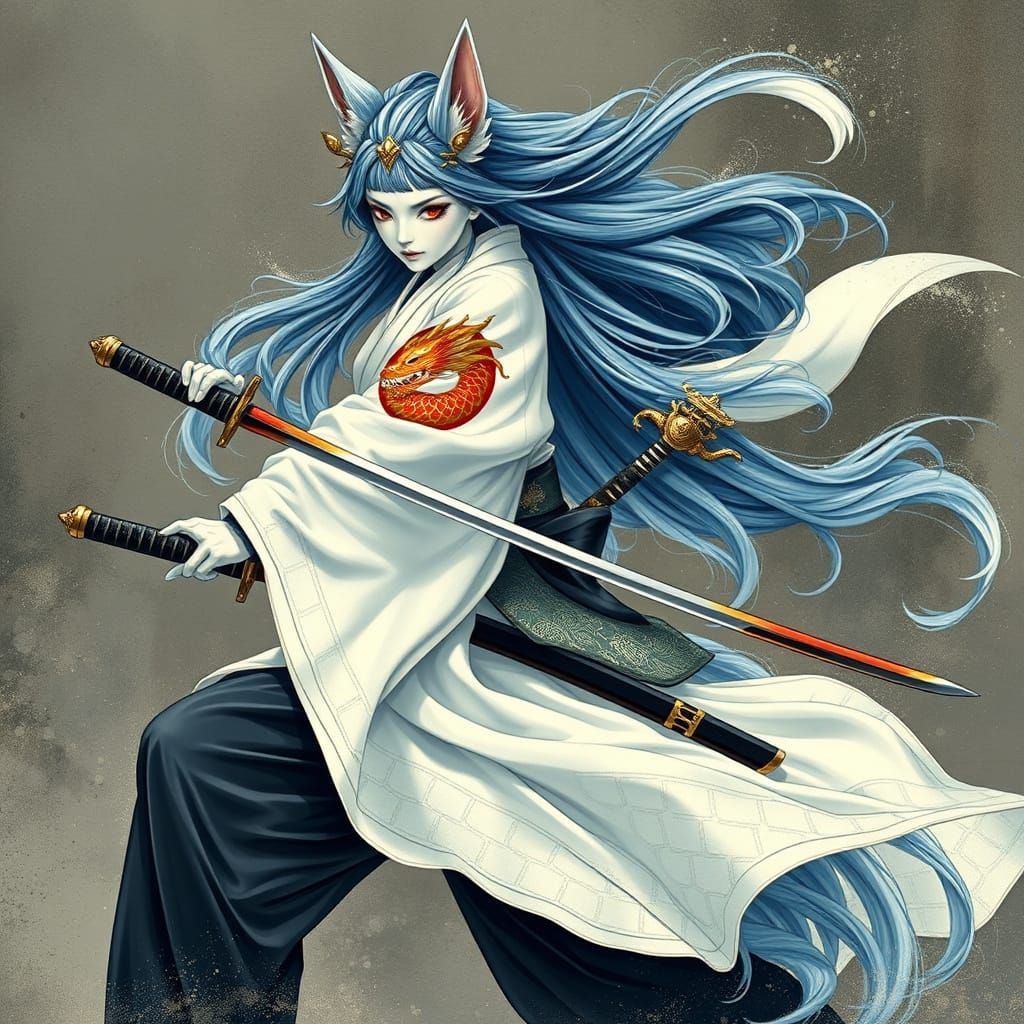 Kitsune Samurai with Golden Dragon, Ethereal Kimono