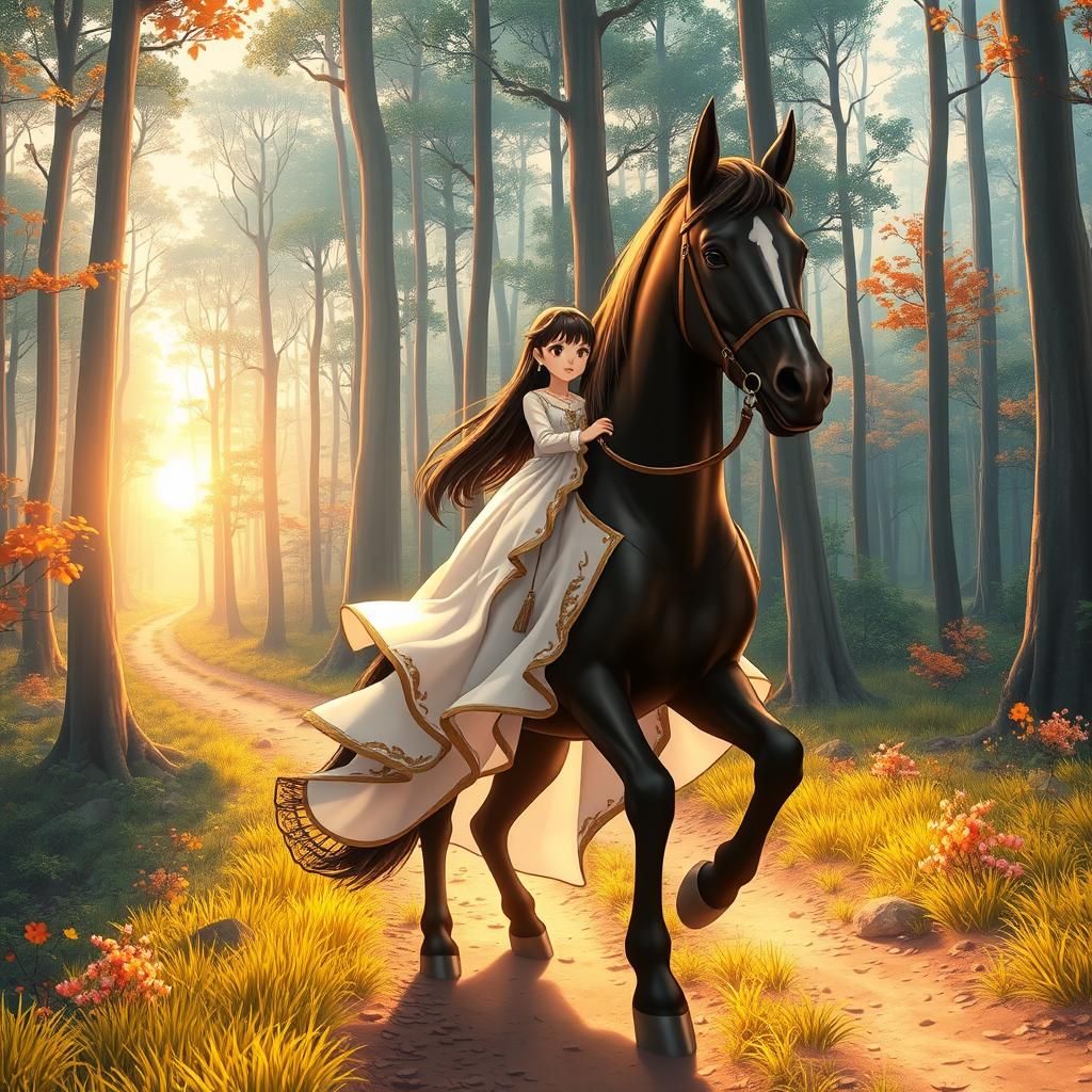 Girl on Horseback in Sunset Forest: Anime 3D Render