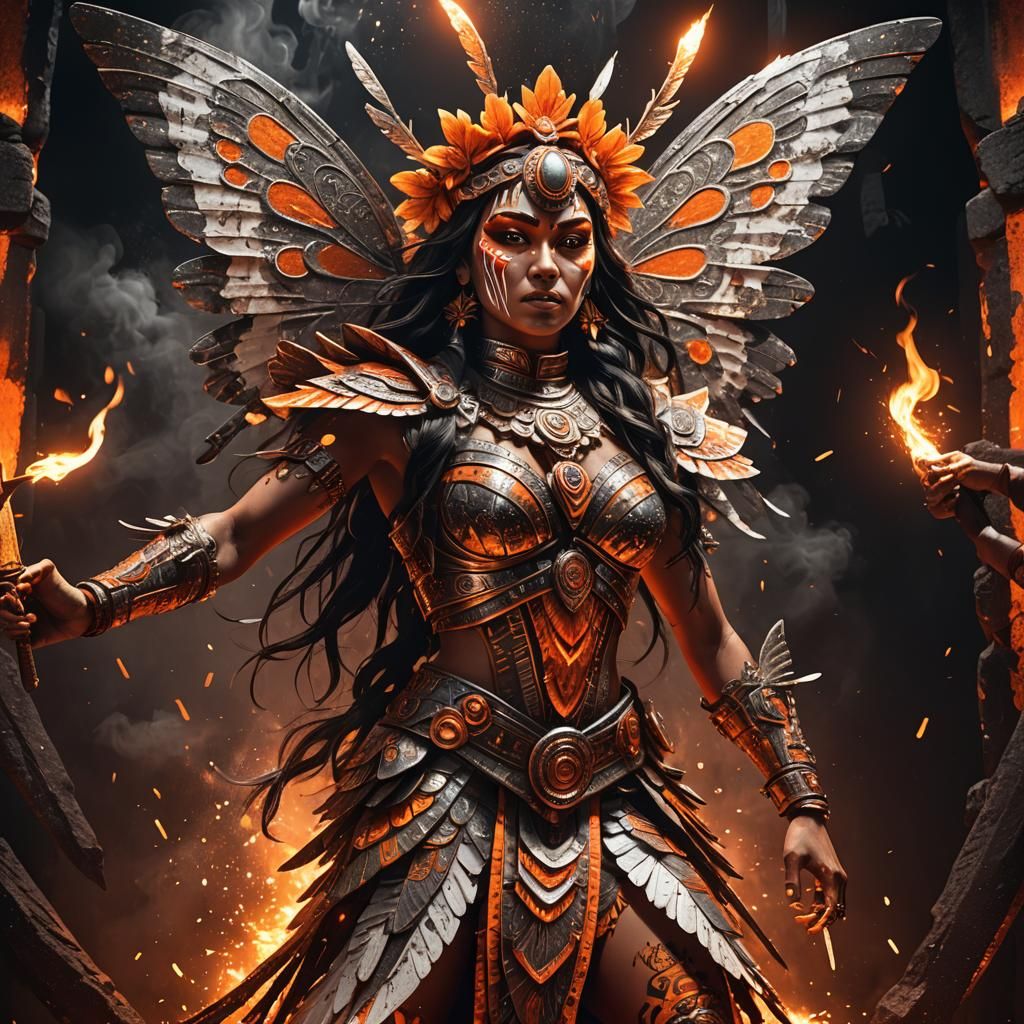 A dramatic  (Aztec Mexican Goddess  Ītzpāpalōtll with  knife...