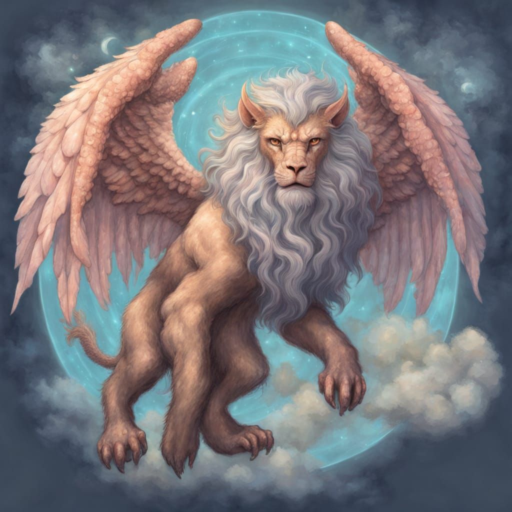Mythical Celestial Manticore Takes Flight in Soft Pastel Hue...