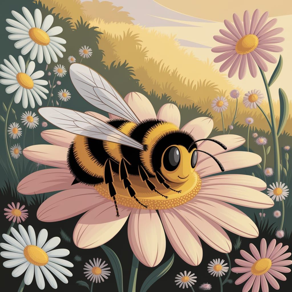 Sleepy Bumblebee on Flower Petal Illustration