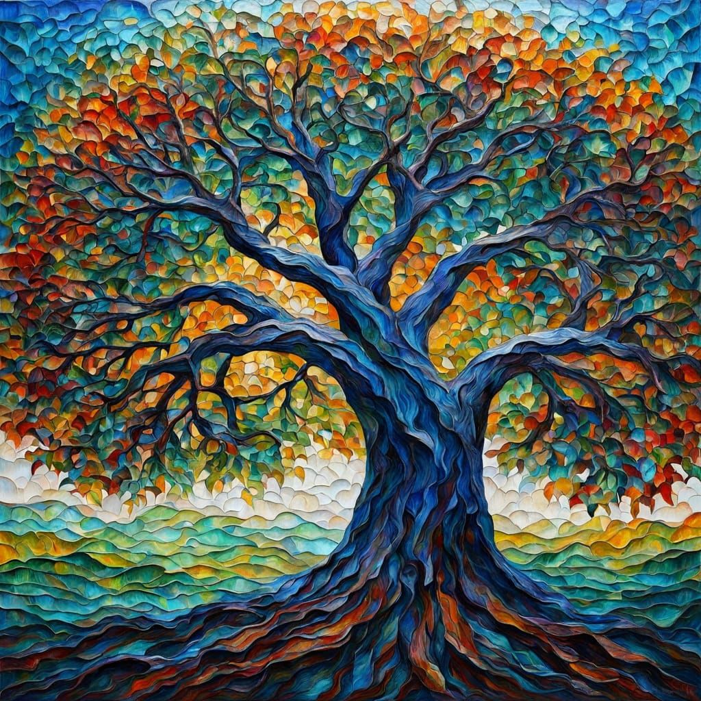 Vibrant Tree Roots Neo-Impressionist Oil Painting