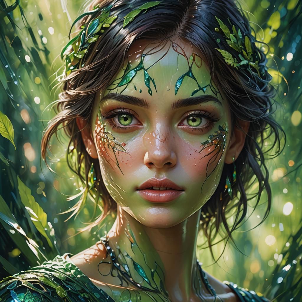 Woman's Portrait with Green Bokeh, Hyperrealistic Concept Ar...