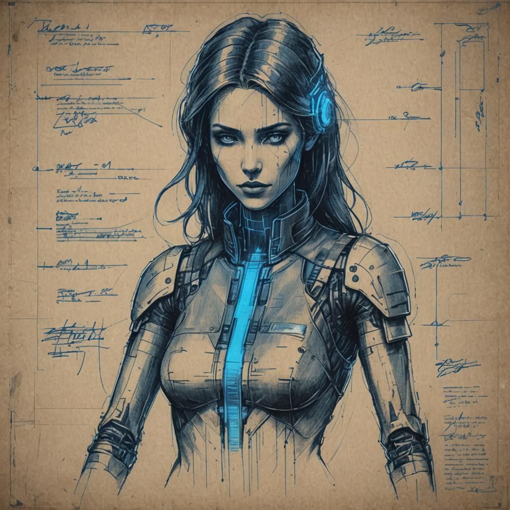 Cyberpunk Blueprint: Distressed Design Sketch of Woman