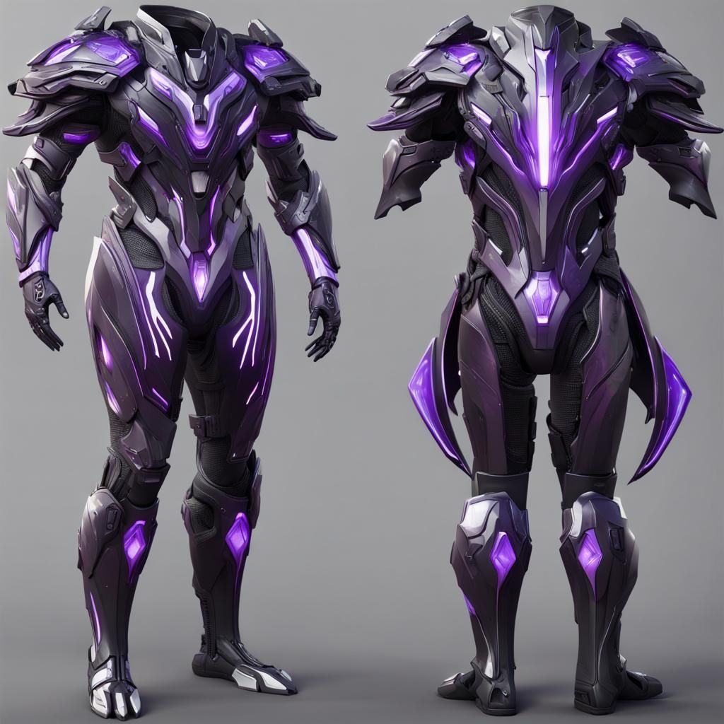 armor for men, alien technology, futuristic, high-tech suit, plasma flowing cool design, purple and black in color with ...