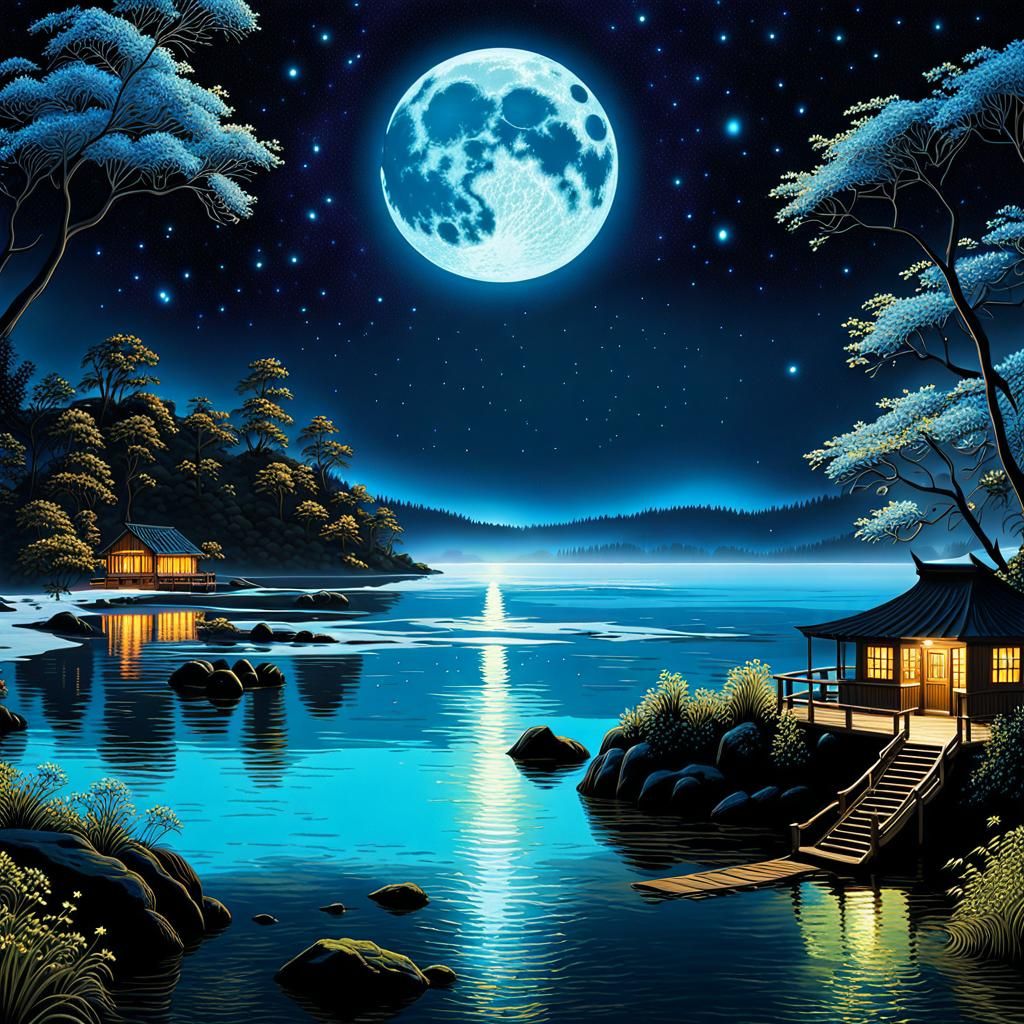 Bioluminescent Sea Under Full Moon in 3D