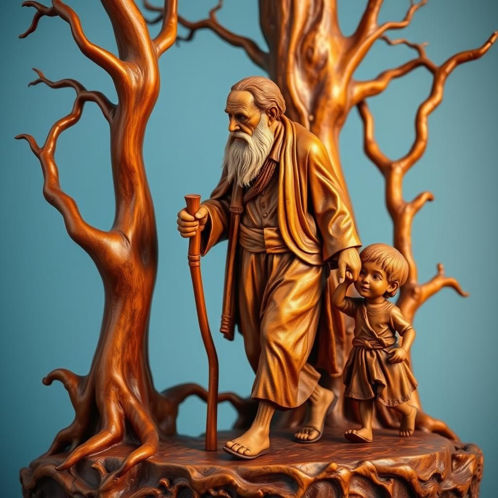 Burlwood Carving: Old Man and Grandson