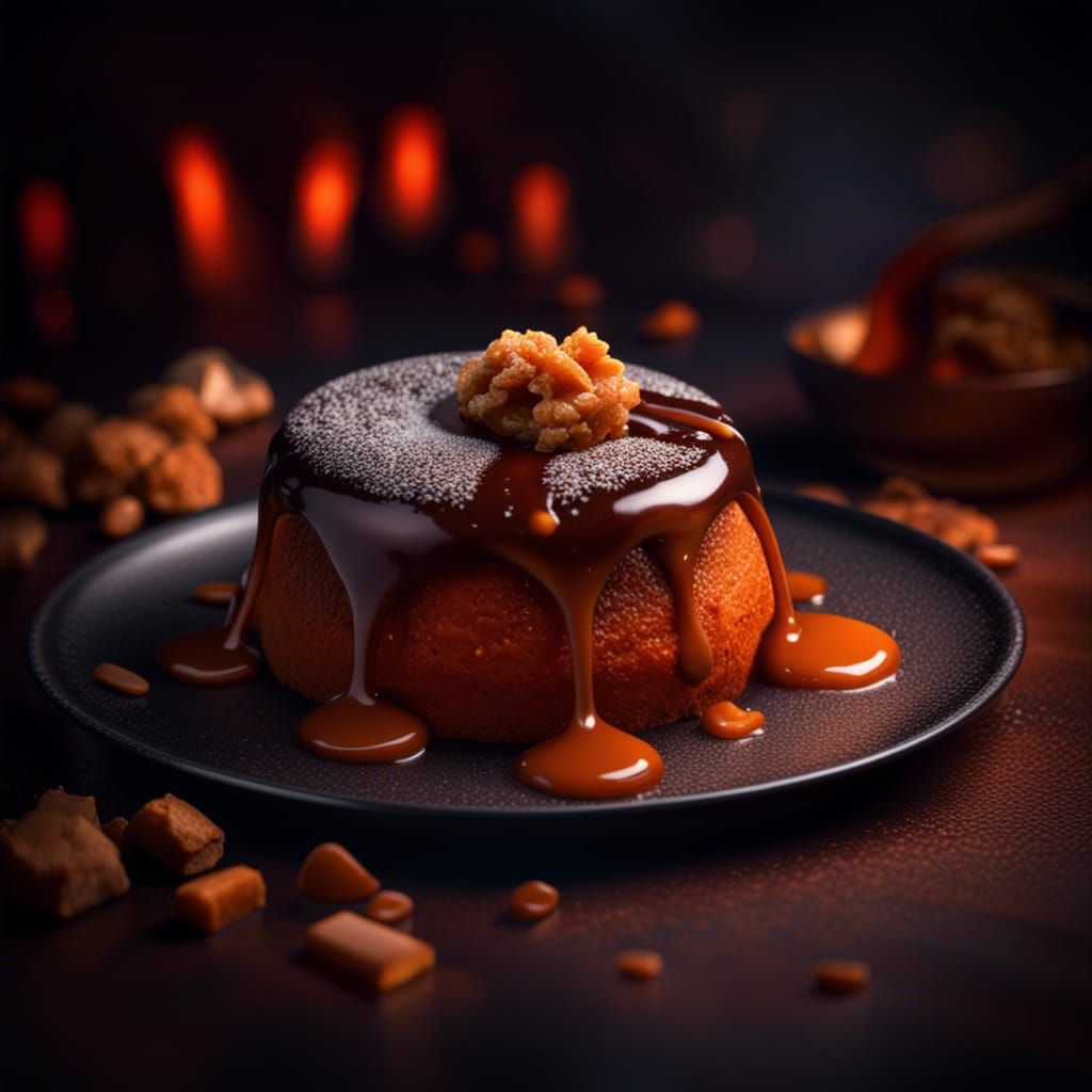 Hyperrealistic Caramel Lava Cake in HDR