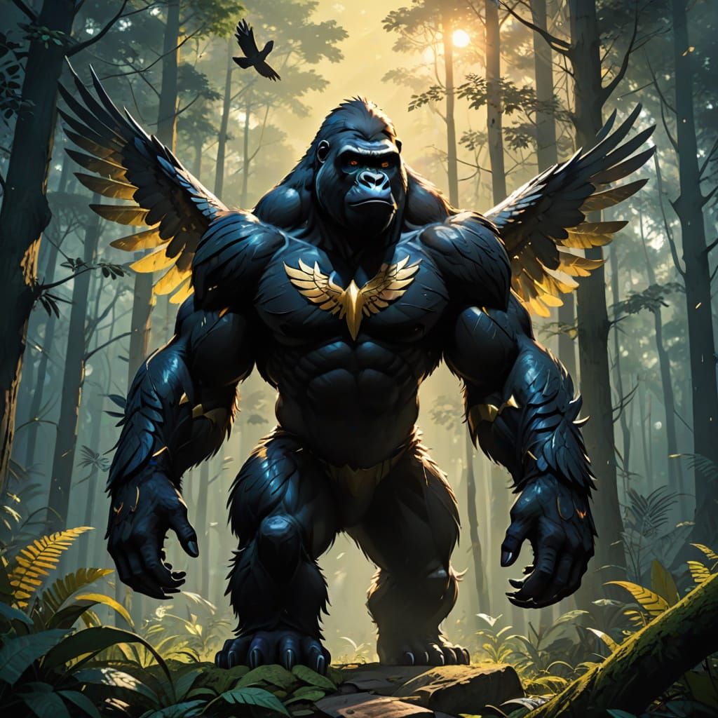 Cyberpunk Anime Gorilla with Eagle Wings and Panther Paws in...