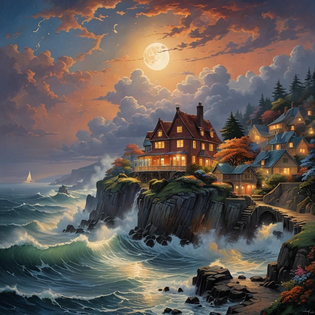 Cliffside House Under a Golden Full Moon
