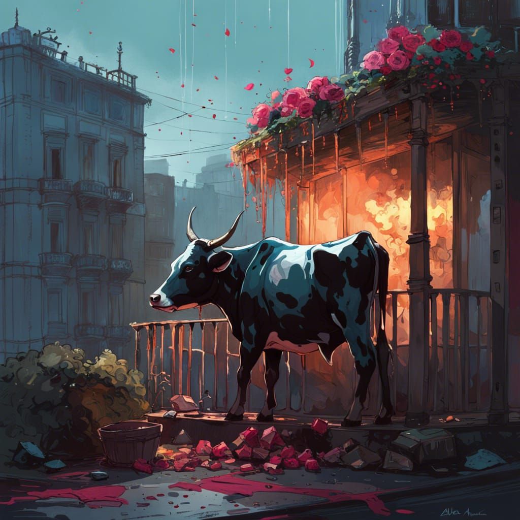 Post-Apocalyptic Cow Enjoying Roses, Hyperdetailed Art