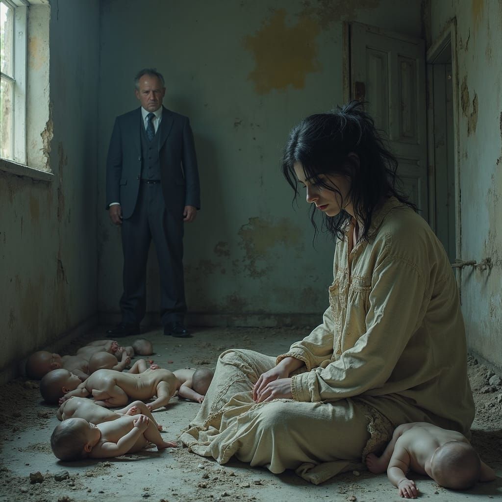 Haunting Scene: Woman and Babies in Crumbling Room
