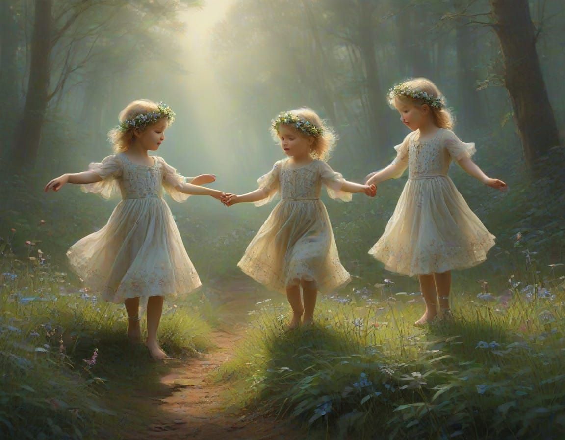 Delicate Morning Dance in a Whimsical Forest Scene