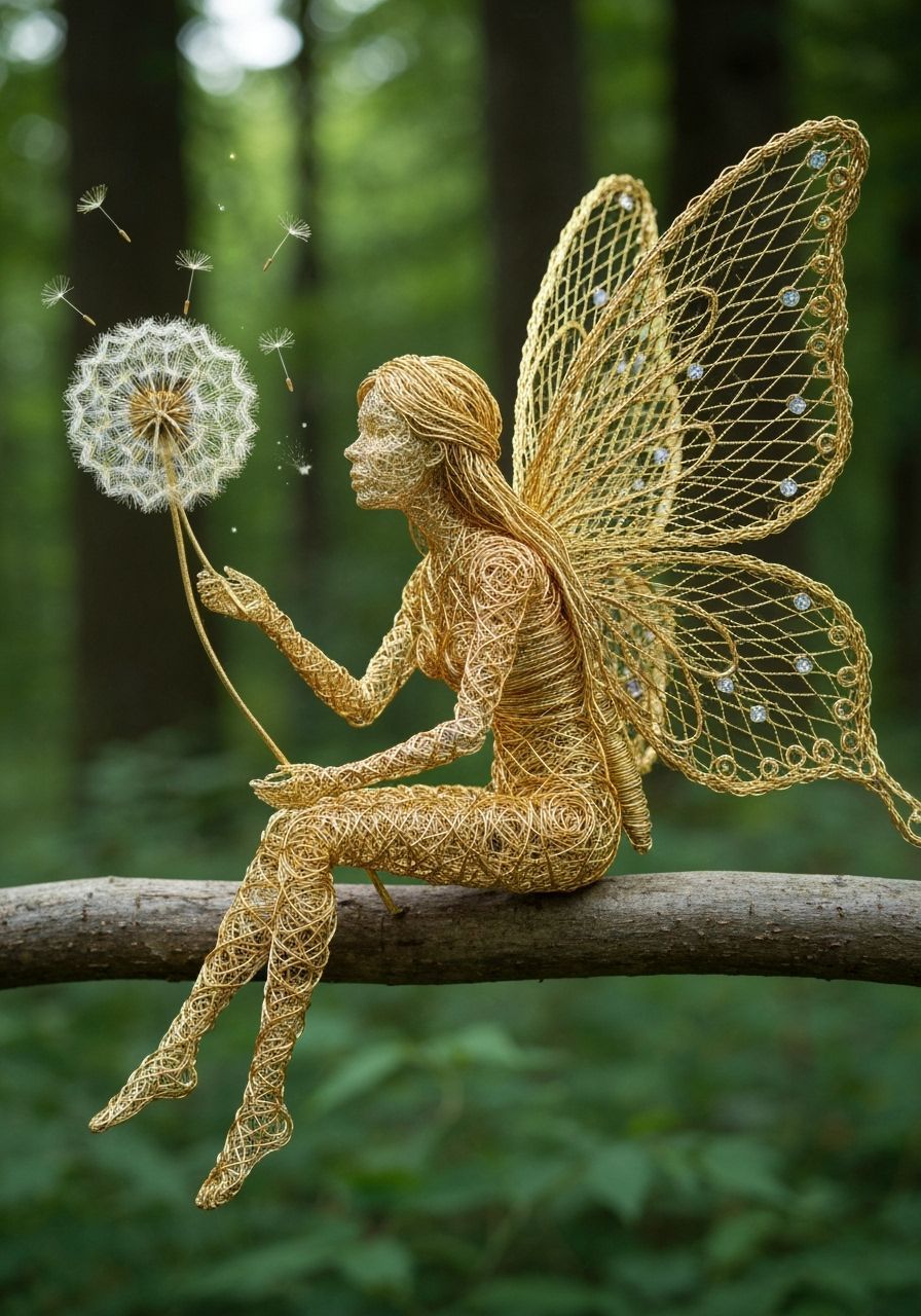 Golden Thread Fairy Sculpture in Verdant Forest