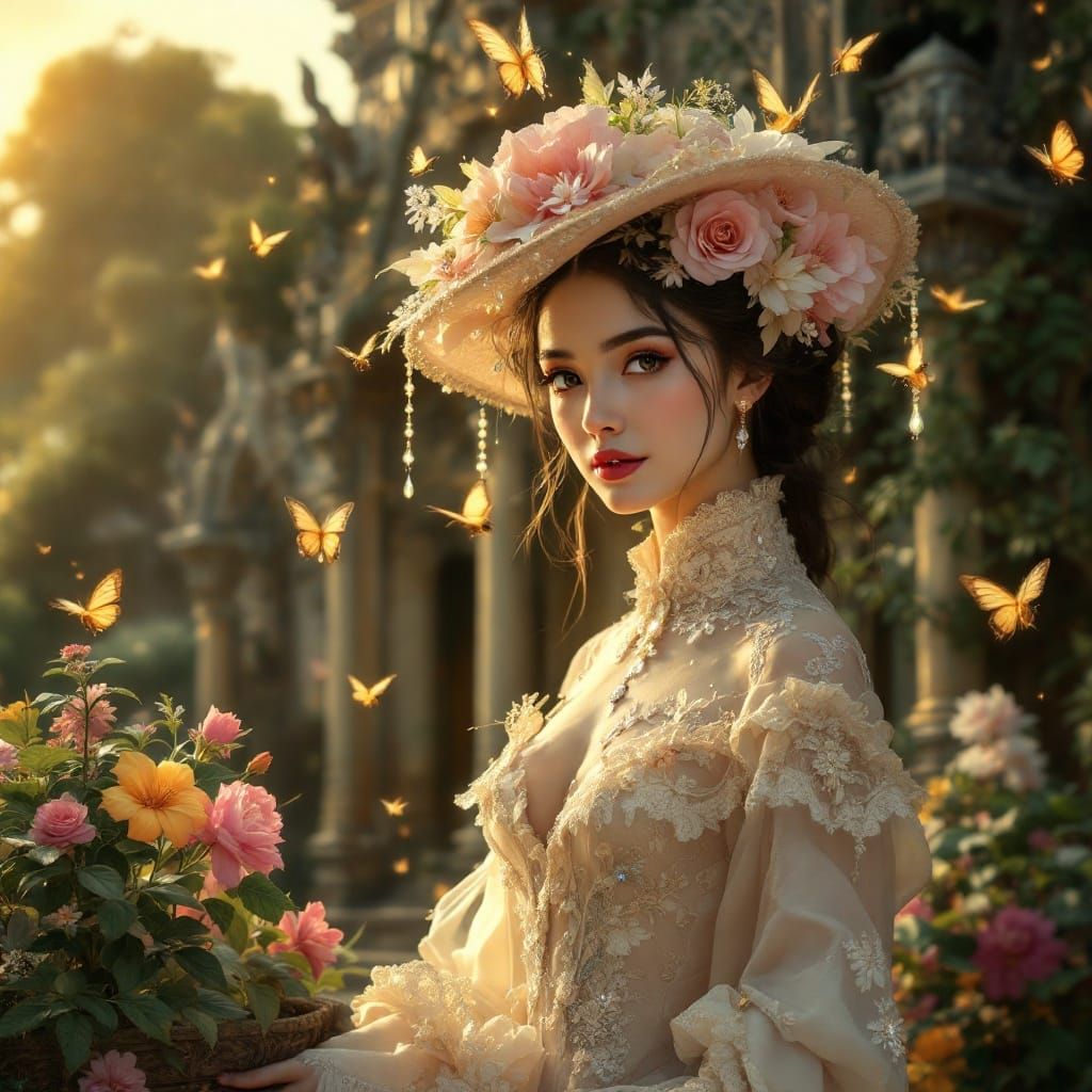 Ethereal Lady in Victorian Gown Stands Before Ancient Thai T...