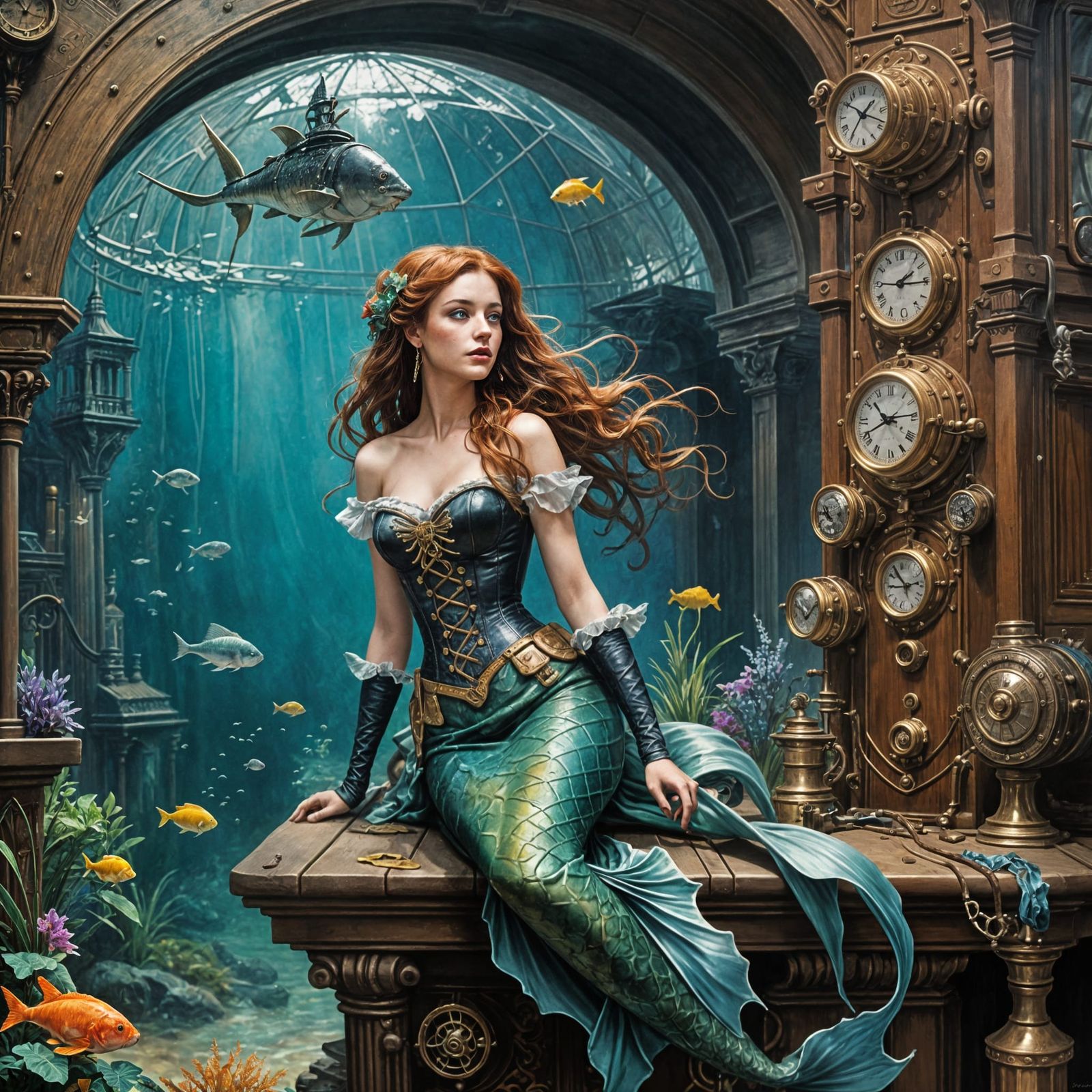 Steampunk Mermaid in Vibrant Watercolor