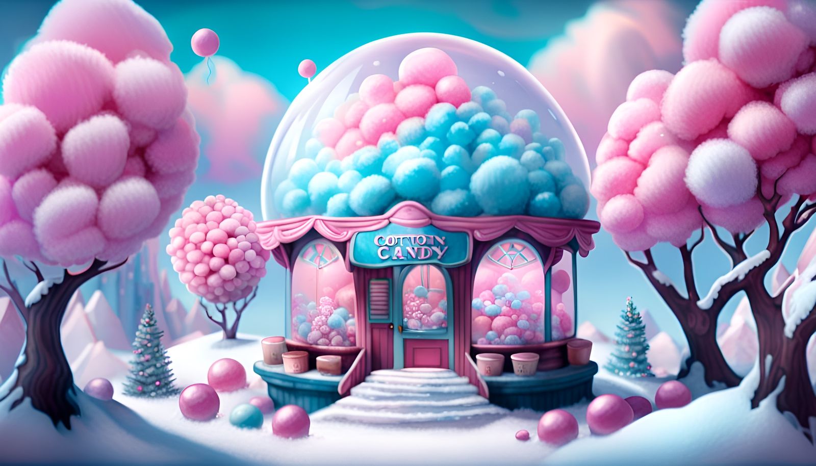 Cotton Candy Miniature Shop in Snow Globe: Digital Art