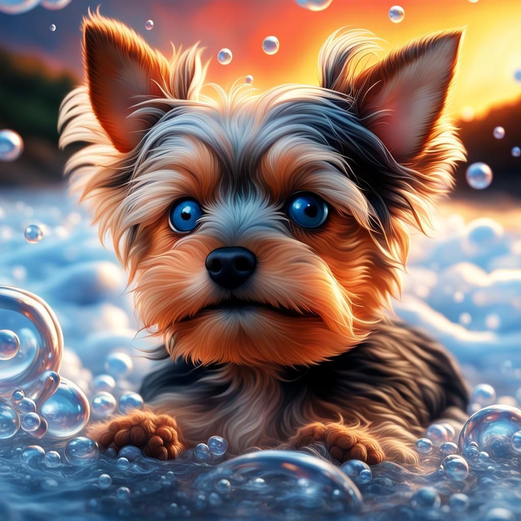 Hyperrealistic Yorkshire Terrier in Sunset Fire